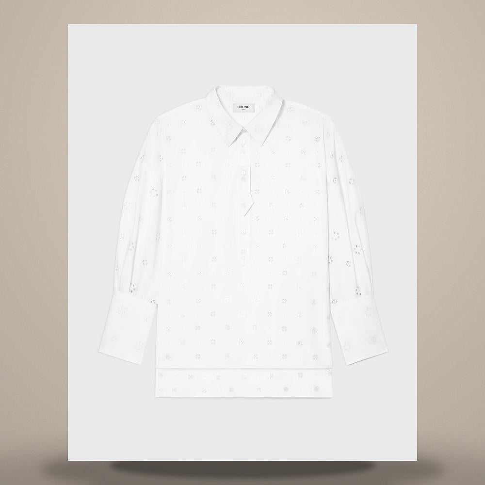CELINE White Broderie Anglaise Cotton Long-Sleeve Shirt RC0ME4K50 01BC