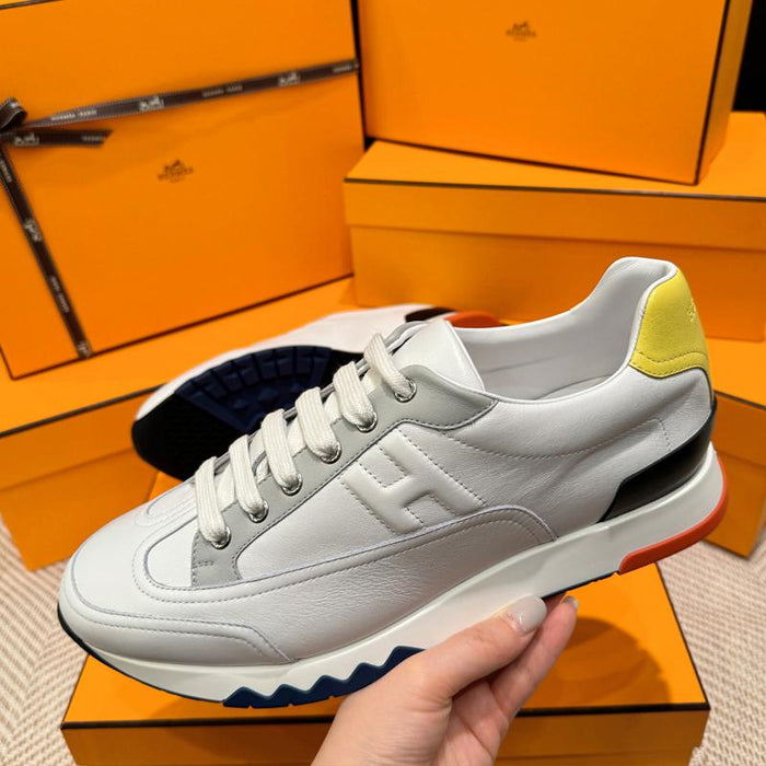 HERMES Men’s Calfskin Trail Sneakers White Yellow Multi Low-Top