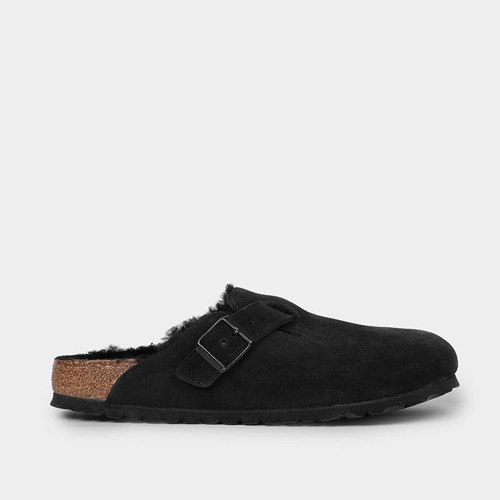 Birkenstock Boston Shearling Suede Mule Black Sandals 259883