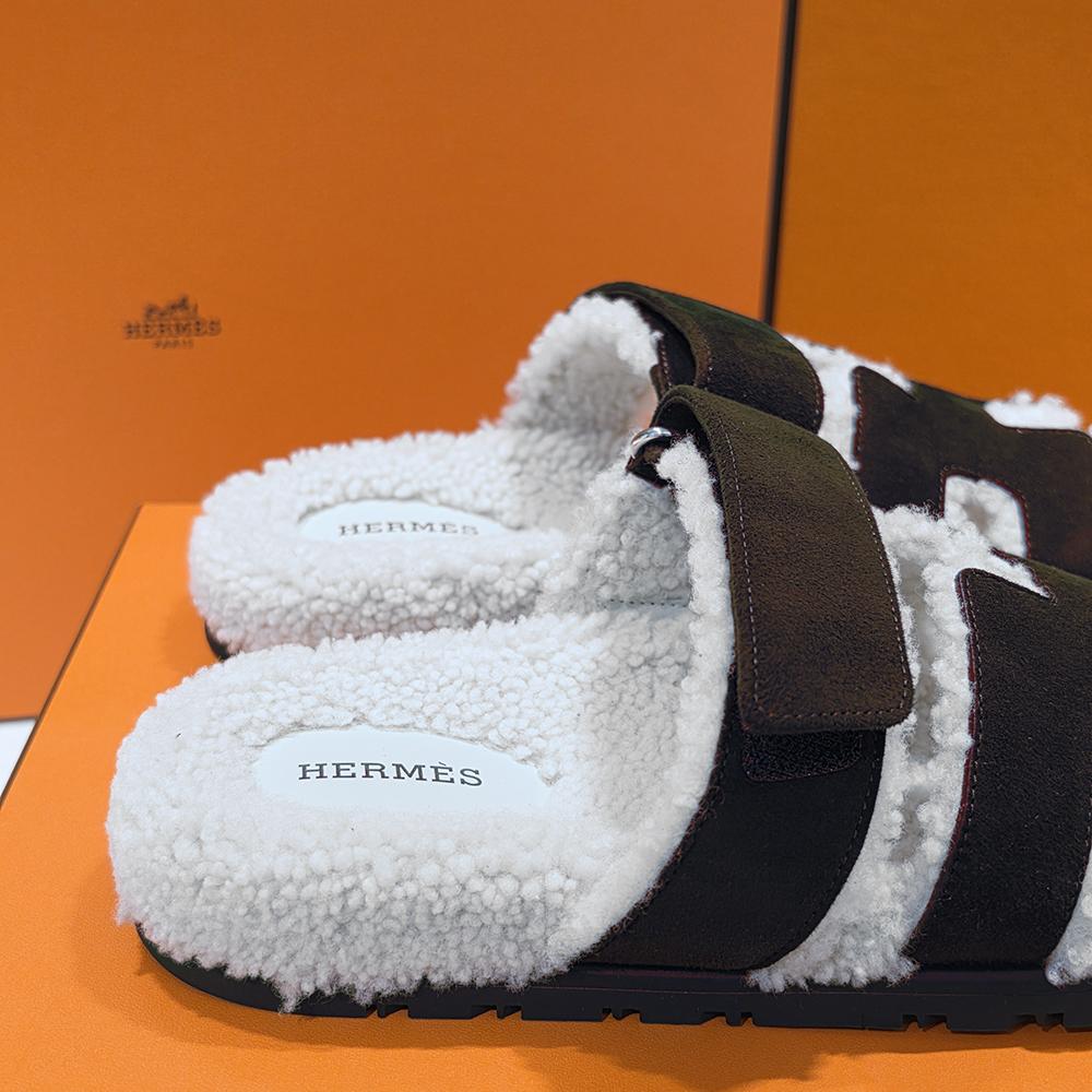 HERMES Shearling Chypre Sandals Woolskin Marron Ebene Slippers