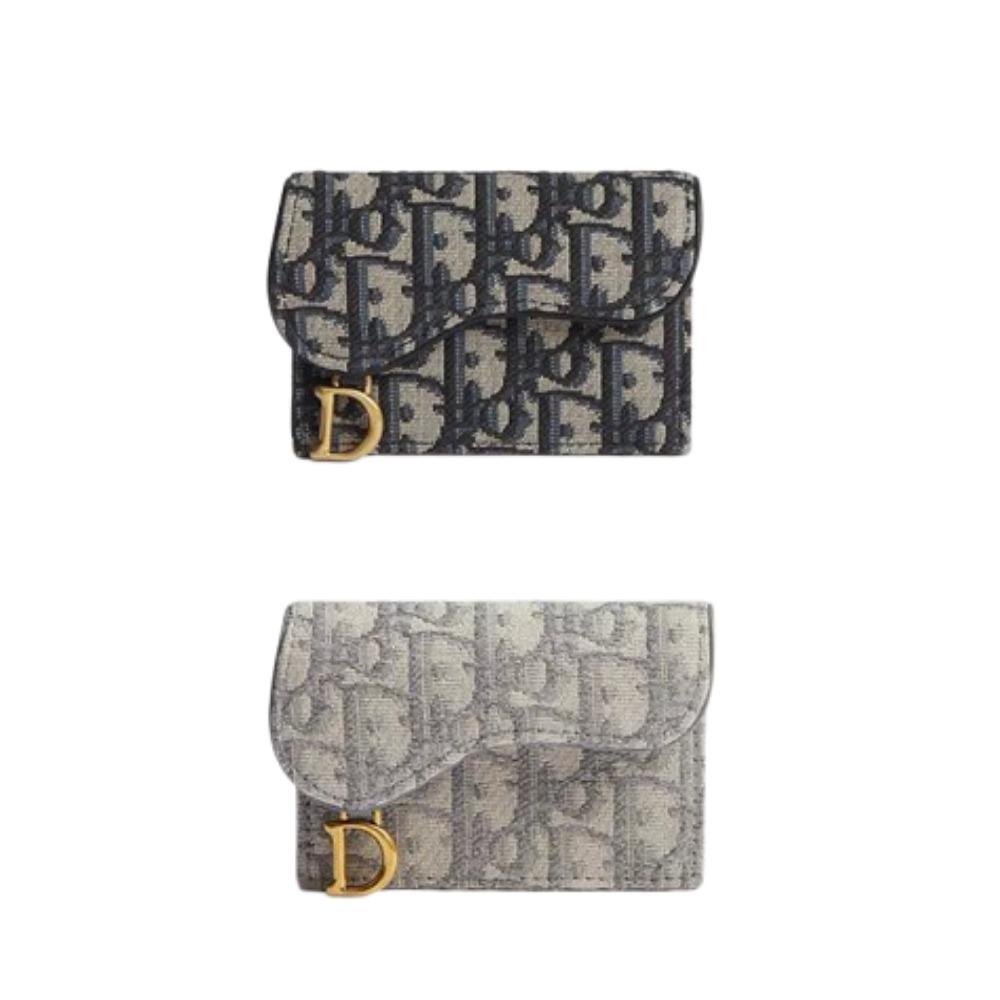 DIOR Oblique Saddle Card Holder Navy Gray Leather Unisex