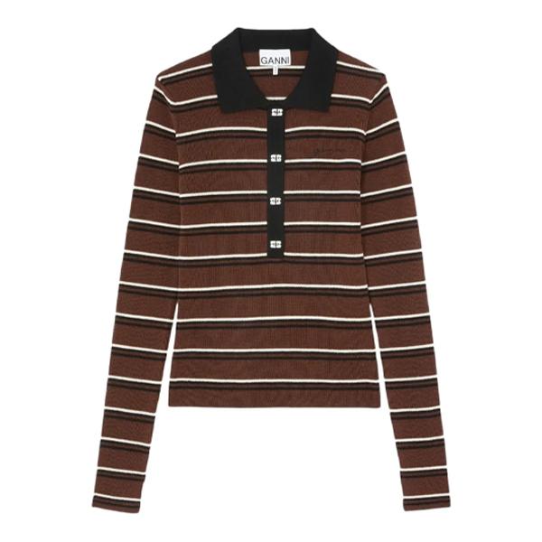 GANNI Merino Wool Striped Polo Sweater