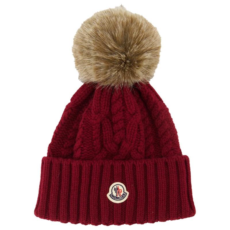 Moncler Logo Patch Pom Pom Beanie Navy Wool