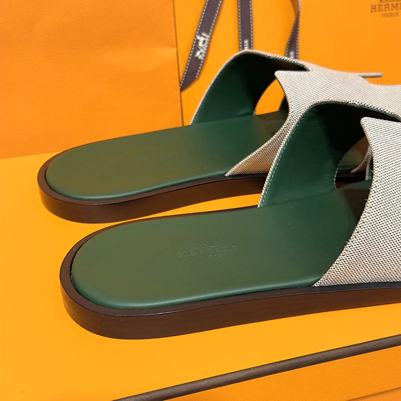 HERMES Izmir Two-Tone Green Calfskin Fabric Men’s Slide Sandals