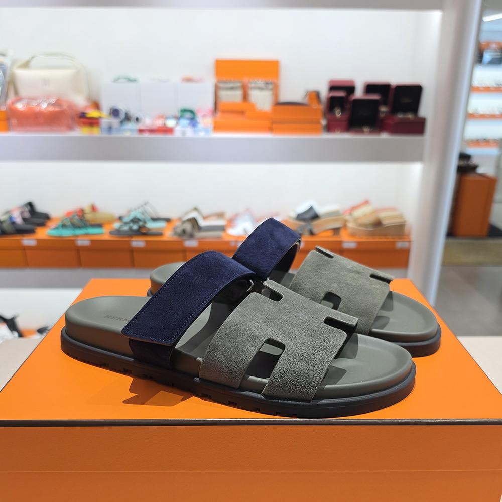 HERMES Men’s Cipre Suede Sandals Khaki Navy