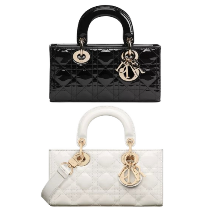 DIOR Lady D-Joy Small Patent Cannage Tote Bag Black White