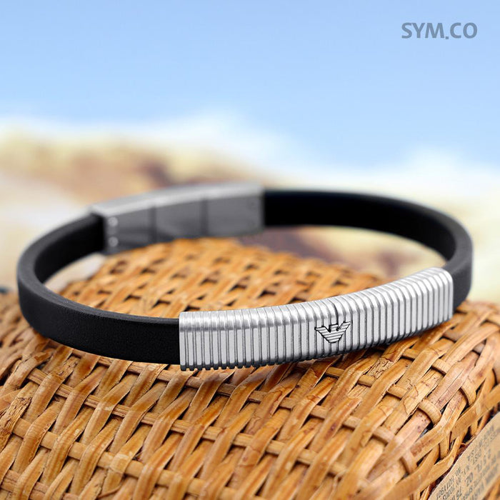 Emporio Armani Silver-Tone Eagle Emblem Leather Bracelet for Men EGS2656