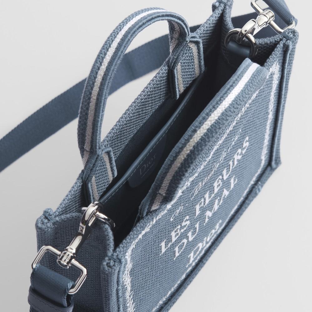 DIOR Blue White Embroidered Book Cover Strap Mini Card Holder