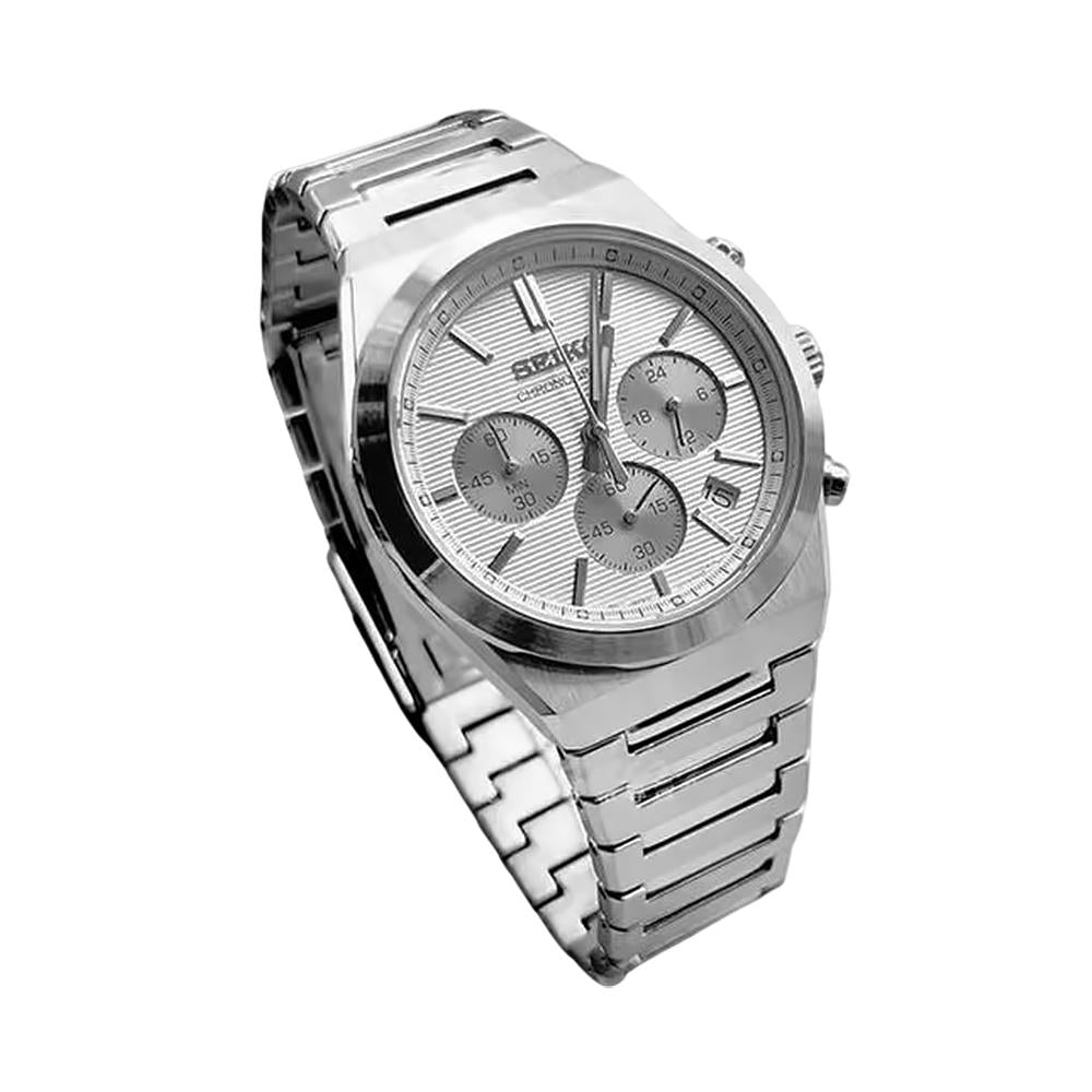 Seiko Silver White Quartz Chronograph Stainless Steel Men’s Watch