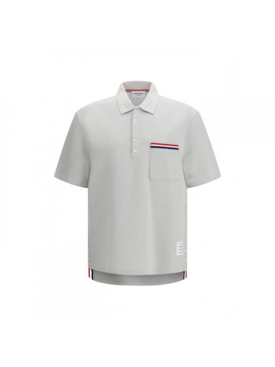 THOM BROWNE Men's Textured Cotton-Linen RWB Embroidered Polo Shirt