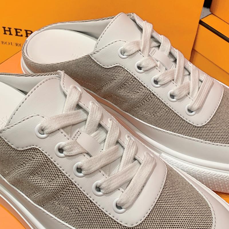HERMES Canvas Calfskin Keep Sneaker Mules White Beige
