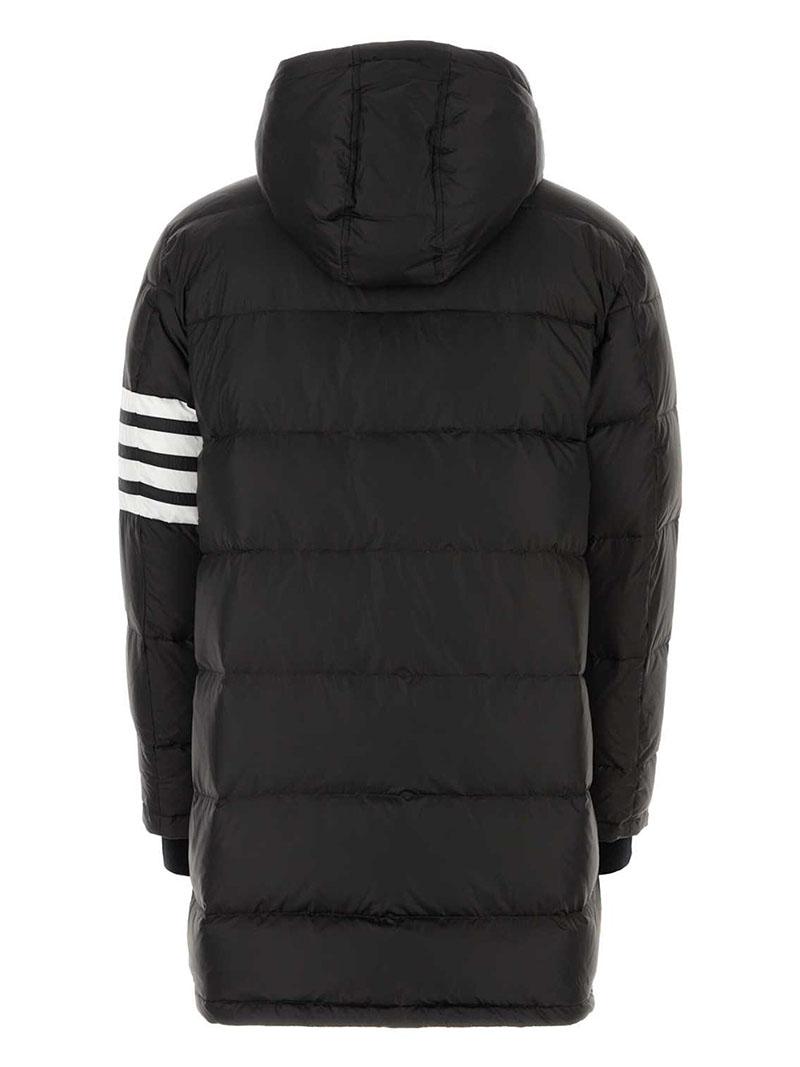 THOM BROWNE Black Down Hooded Long Puffer Coat with Stripes