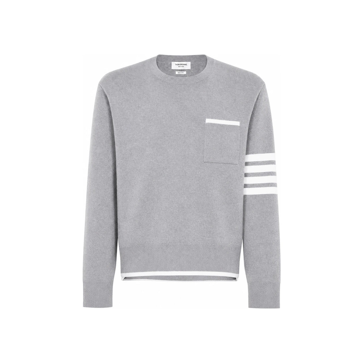THOM BROWNE Grey Armband Striped Pocket Crewneck Knit Sweater