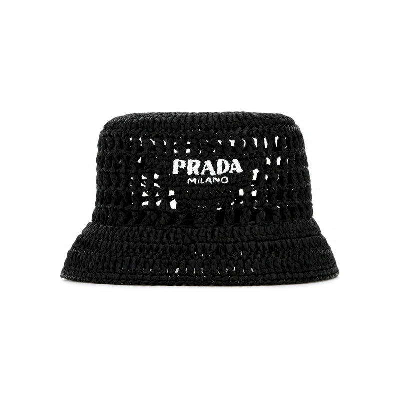 PRADA Black Raffia Logo Bucket Hat