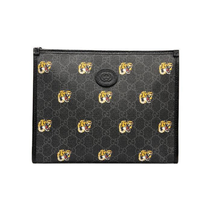GUCCI GG Tiger Leather Clutch Bag Black Unisex