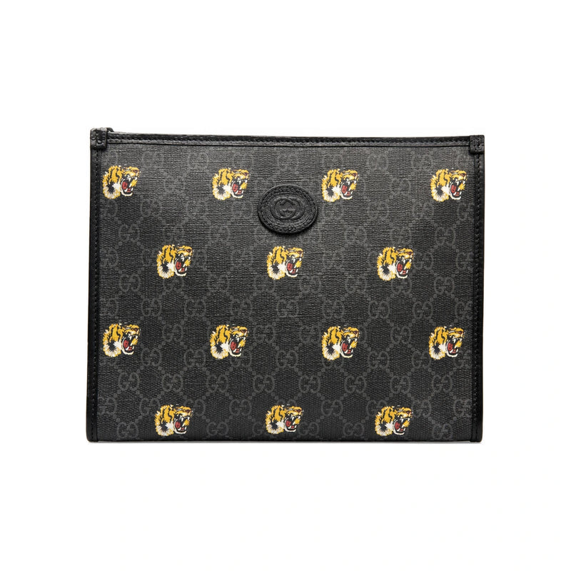 GUCCI GG Tiger Leather Clutch Bag Black Unisex