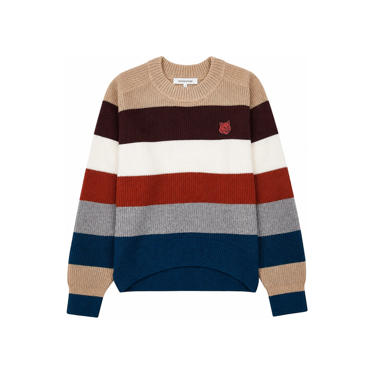 Maison Kitsune Bold Fox Head Patch Round Neck Knit LW00808KT1093 MULTICO STRIPES