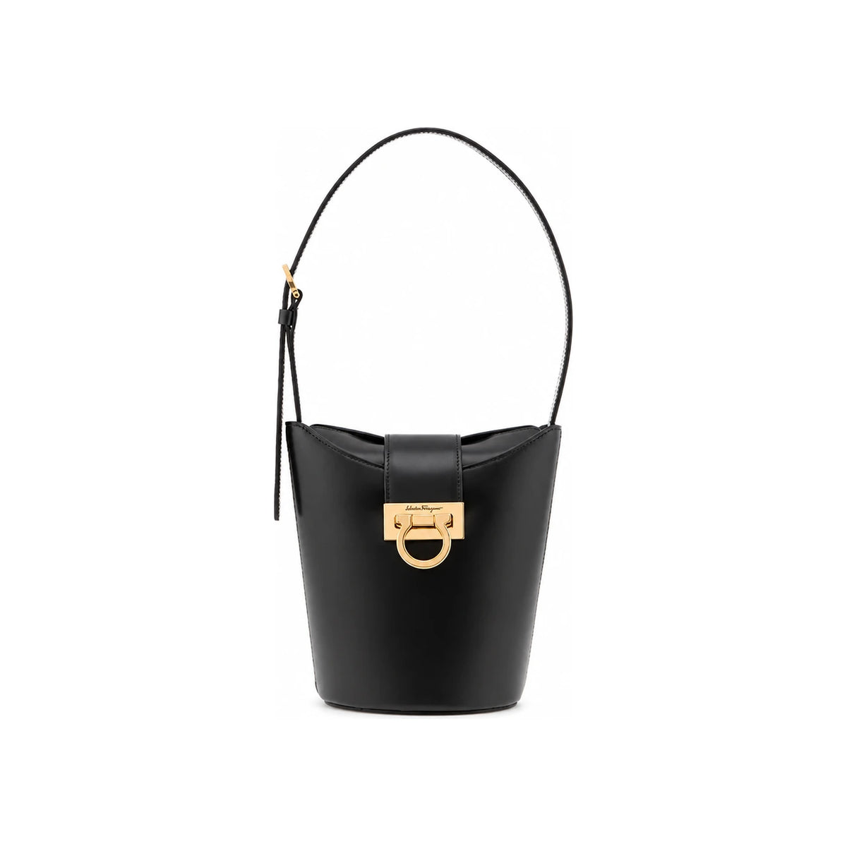 Ferragamo Gold Gancini Trifolio Black Leather Shoulder Bag