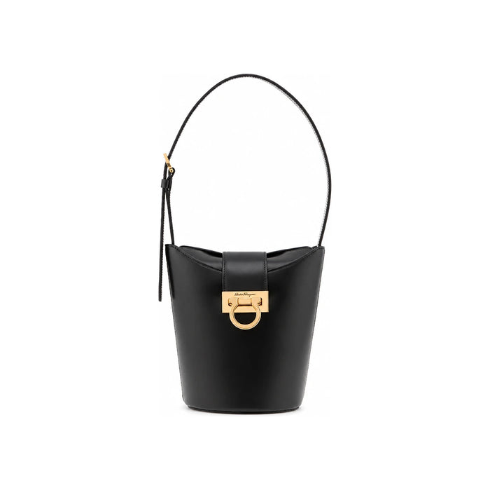 Ferragamo Gold Gancini Trifolio Black Leather Shoulder Bag