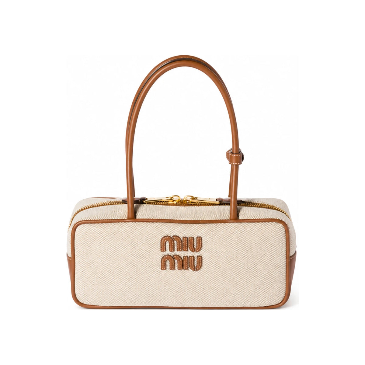 Miu Miu Small Canvas and Leather Shoulder Bag Beige Brandy