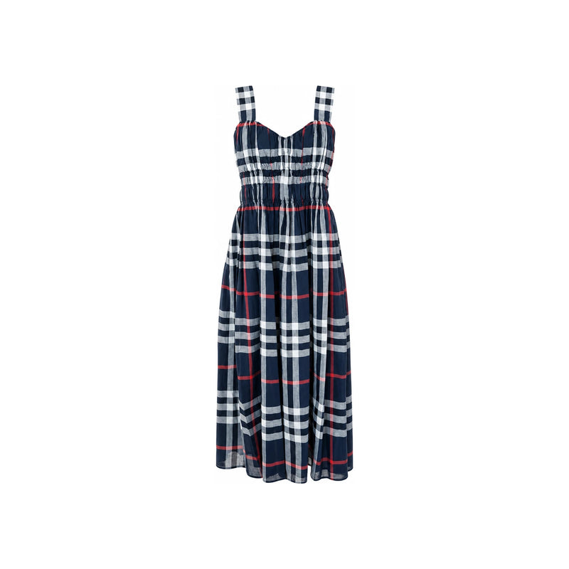BURBERRY Dalia House Check Shirred Sleeveless Midi Dress Navy