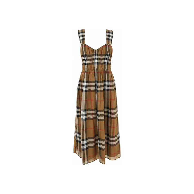 BURBERRY Dalia House Check Ruched Sleeveless Midi Dress Brown