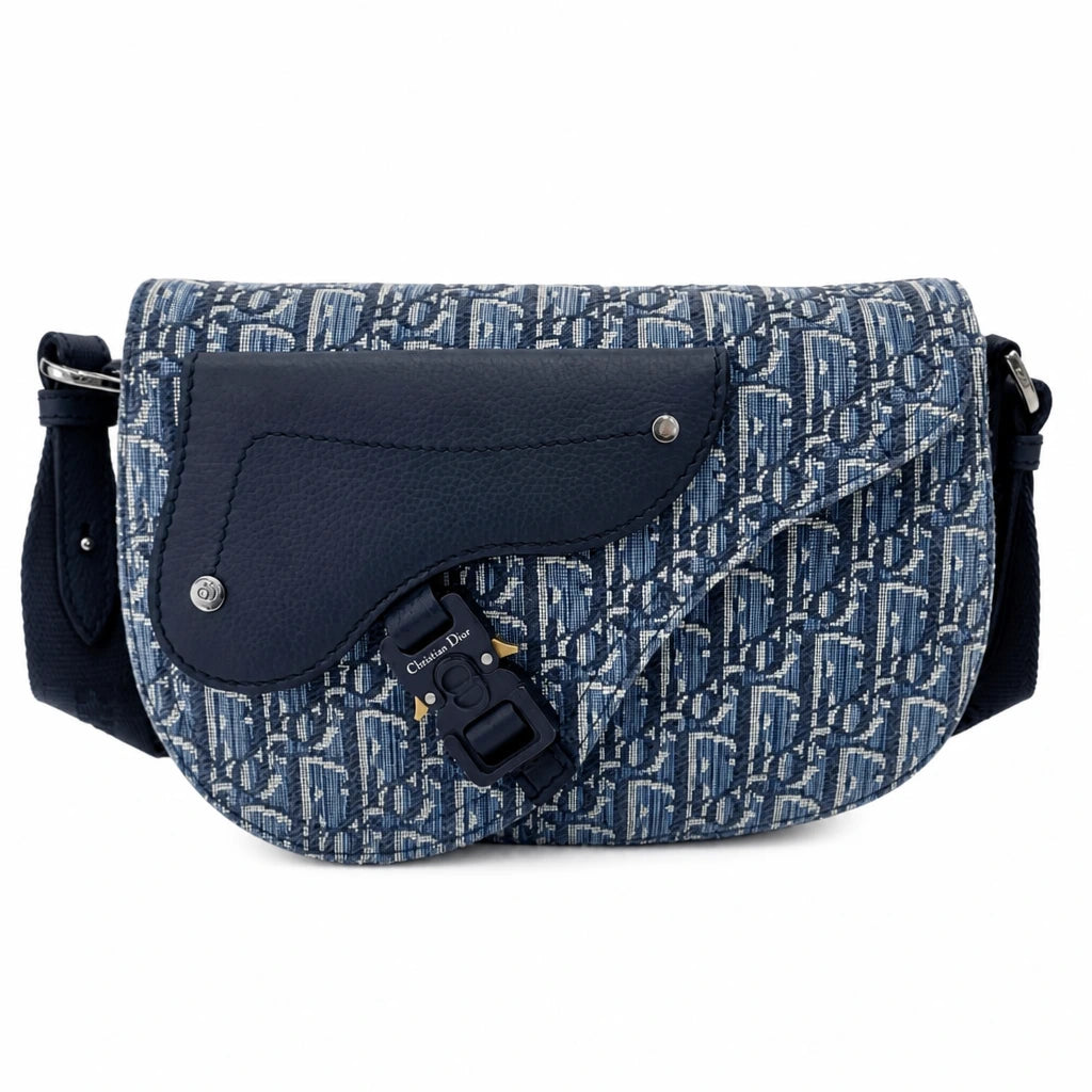 DIOR Black Saddle Strap Bag Oblique Jacquard Grained Calfskin Crossbody