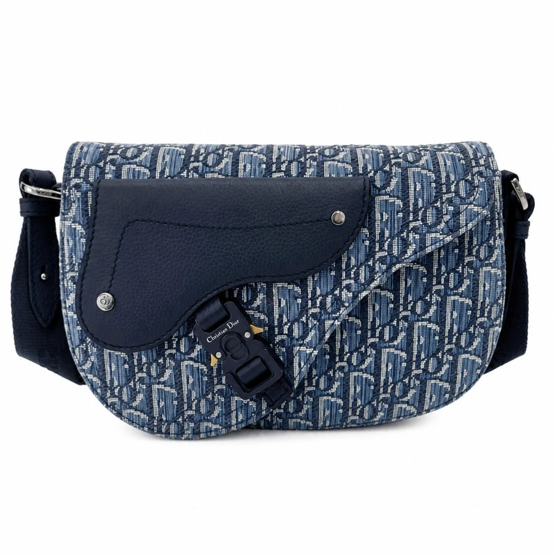 DIOR Black Saddle Strap Bag Oblique Jacquard Grained Calfskin Crossbody