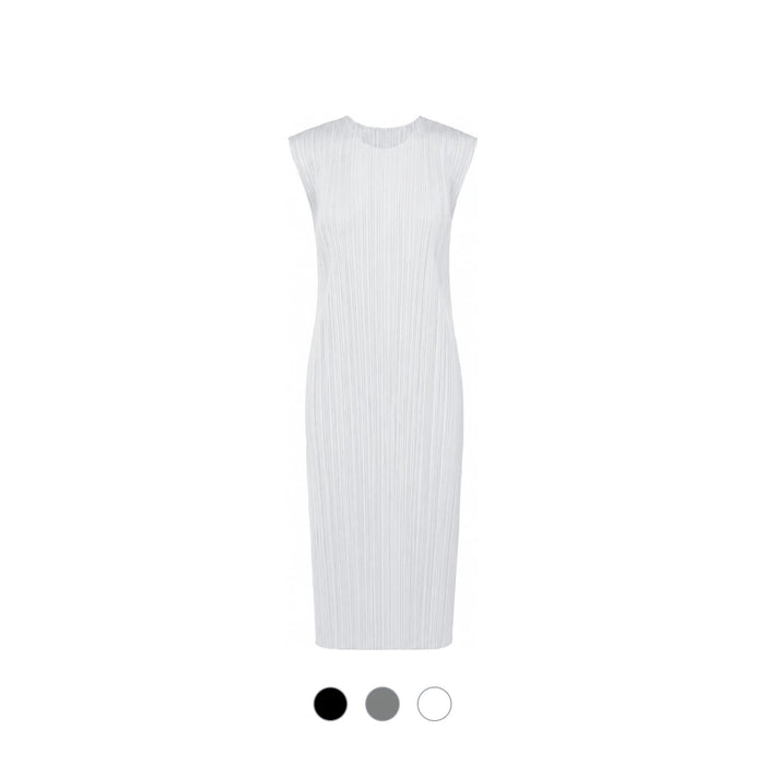 PLEATS PLEASE Gray Black Pleated Basic Short Sleeve Midi Dress JH11312 15