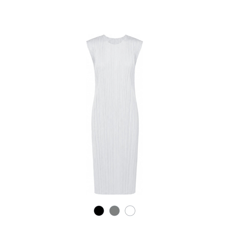 PLEATS PLEASE Gray Black Pleated Basic Short Sleeve Midi Dress JH11312 15