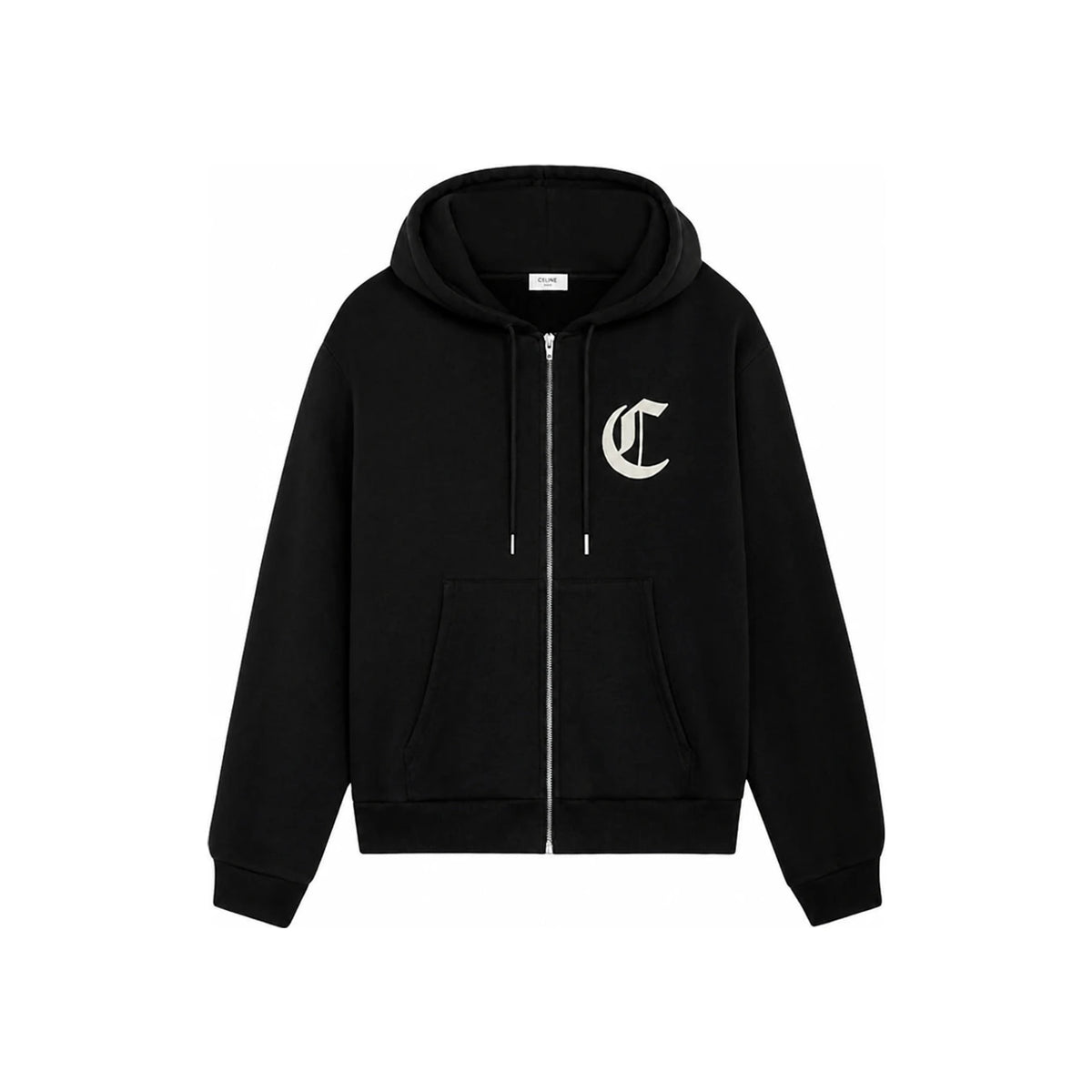 CELINE Black Cotton Fleece Embroidered Back Logo Zip Hoodie