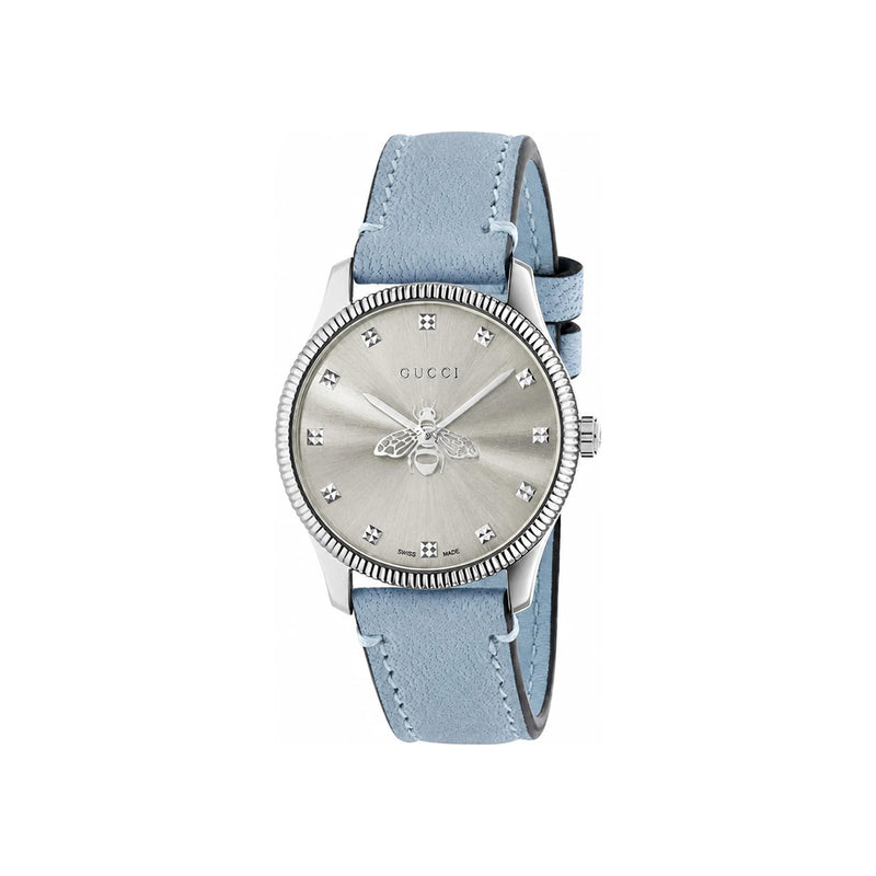 GUCCI Blue Silver G-Timeless Bee Leather Watch
