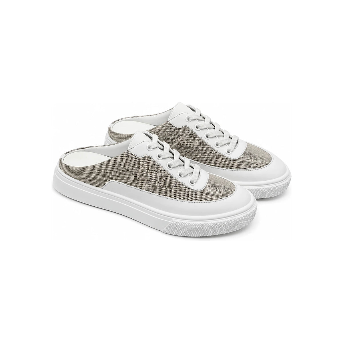 HERMES Canvas Calfskin Keep Sneaker Mules White Beige