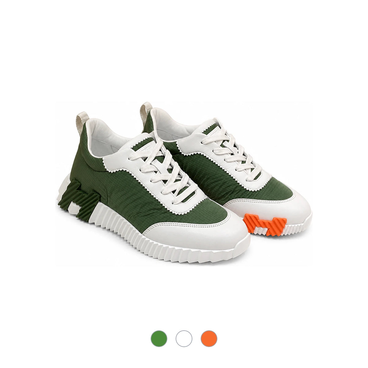 HERMES Men Bouncing Ripstop Fabric Calfskin Khaki H Two-Tone Sneakers