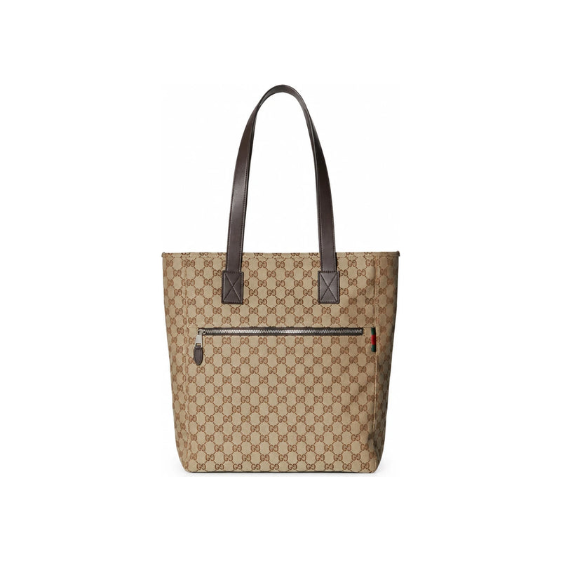GUCCI Men’s GG Medium Tote Bag Beige Brown Canvas Leather Trim