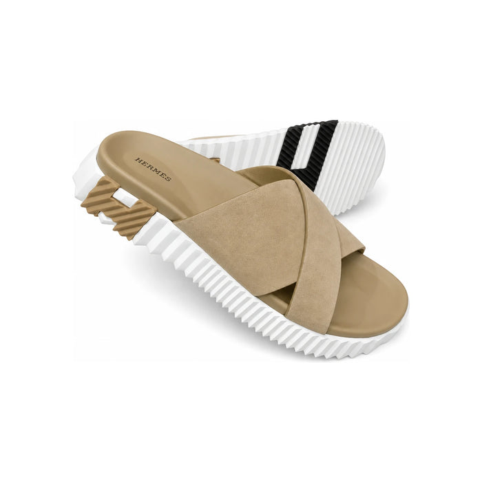 HERMES Beige Calfskin Infra H Slide Sandals for Men