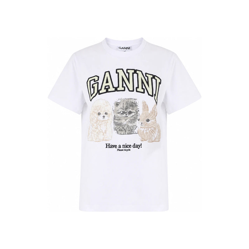 GANNI Bright White Animal Print T-Shirt T4237 151