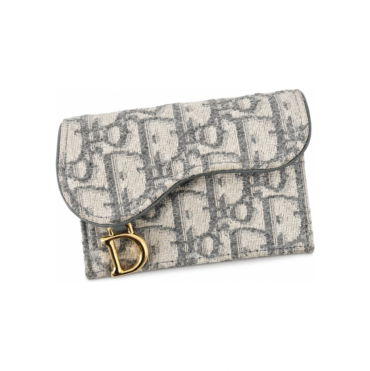 DIOR Oblique Saddle Card Holder Navy Gray Leather Unisex