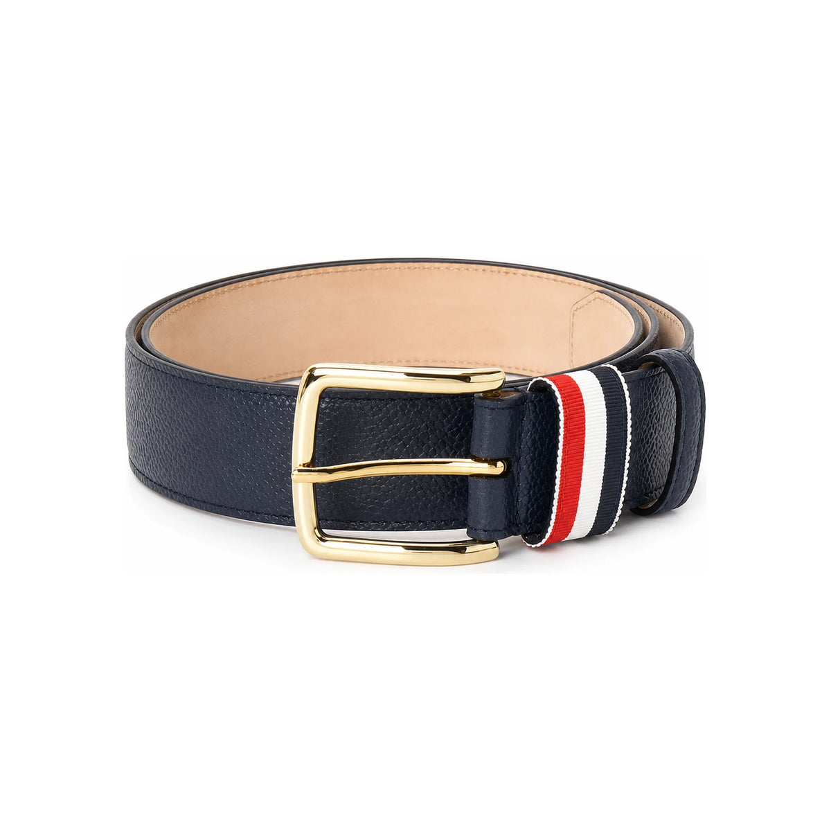 THOM BROWNE Pebble Grain Leather Belt with Tricolor Tab Navy Men’s