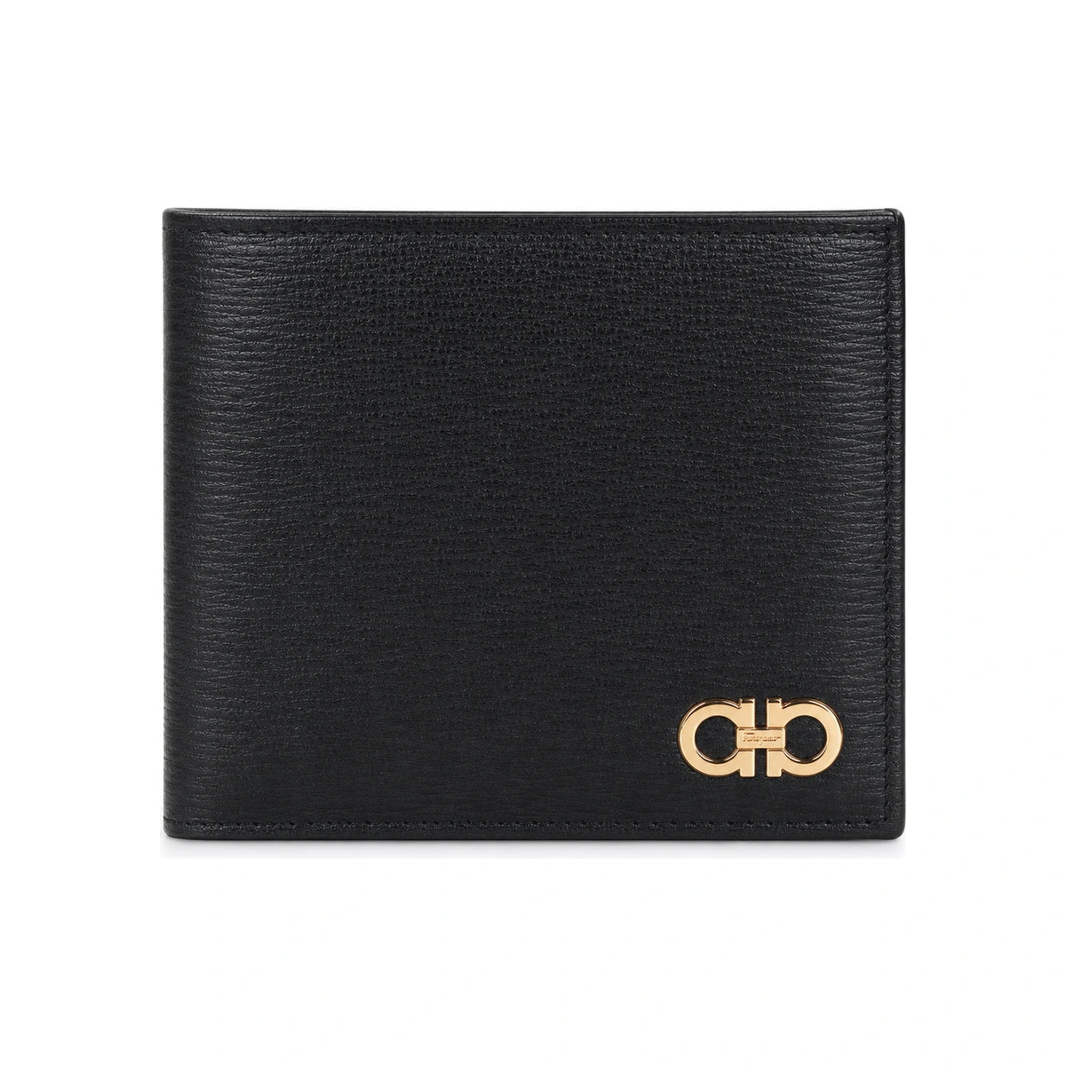 Ferragamo Double Gancini Bifold Wallet Black Leather Gold-Tone Hardware 0685950