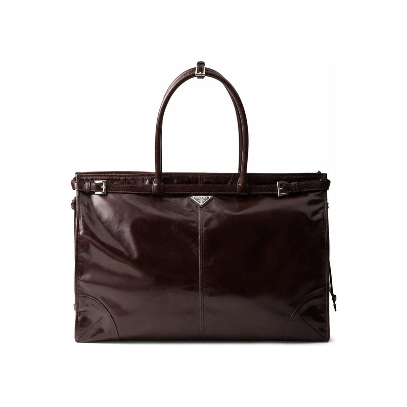 PRADA Triangle Logo Leather Tote Bag Black