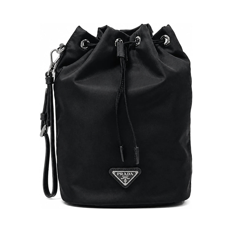 PRADA Triangle Logo Re-Nylon Drawstring Bucket Pouch Bag Black