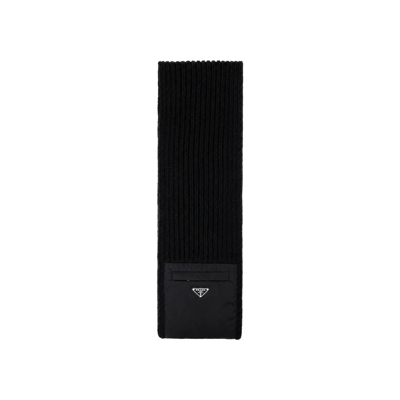 PRADA Black Wool Scarf with Nylon Pocket and Triangle Logo