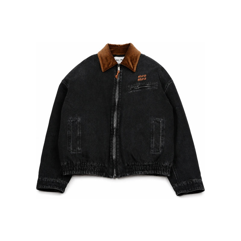 Miu Miu Real Logo Patch Corduroy Collar Denim Zip Jacket GWB221 175P F0002