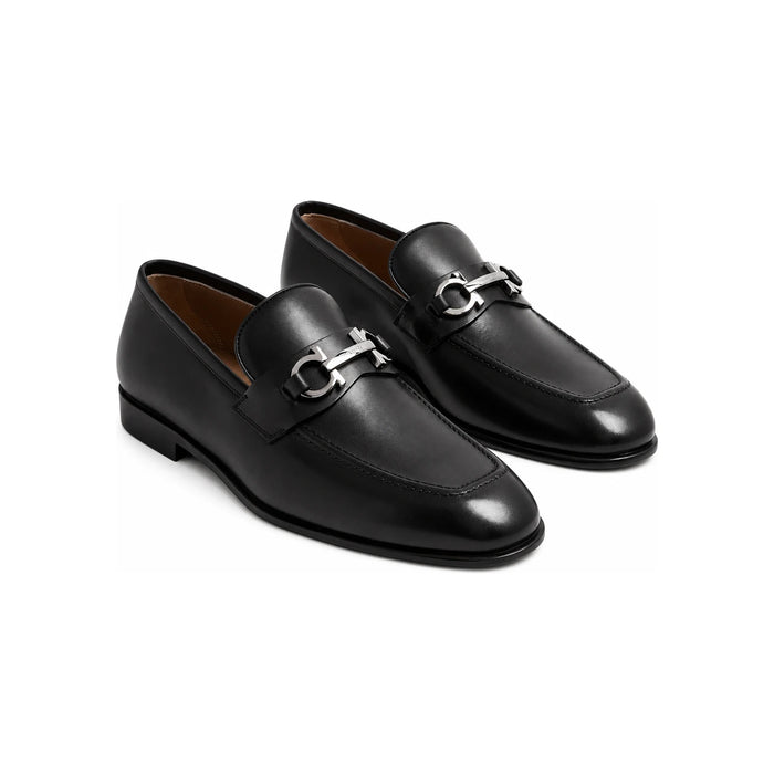 Ferragamo Black Leather Double Gancini Loafers Silver-Tone Hardware 0762636