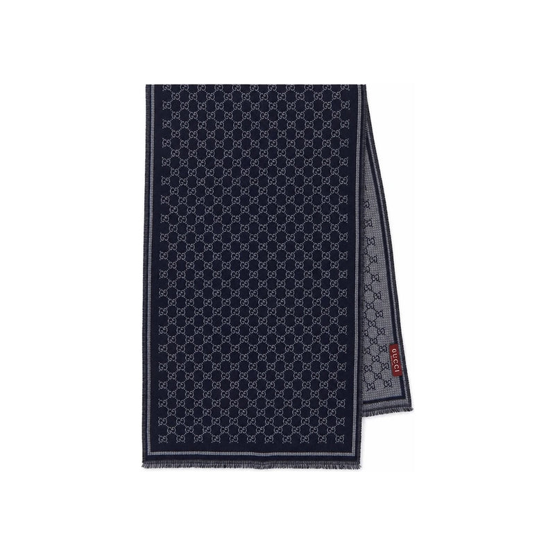 GUCCI Dark Blue Gray GG Jacquard Wool Scarf