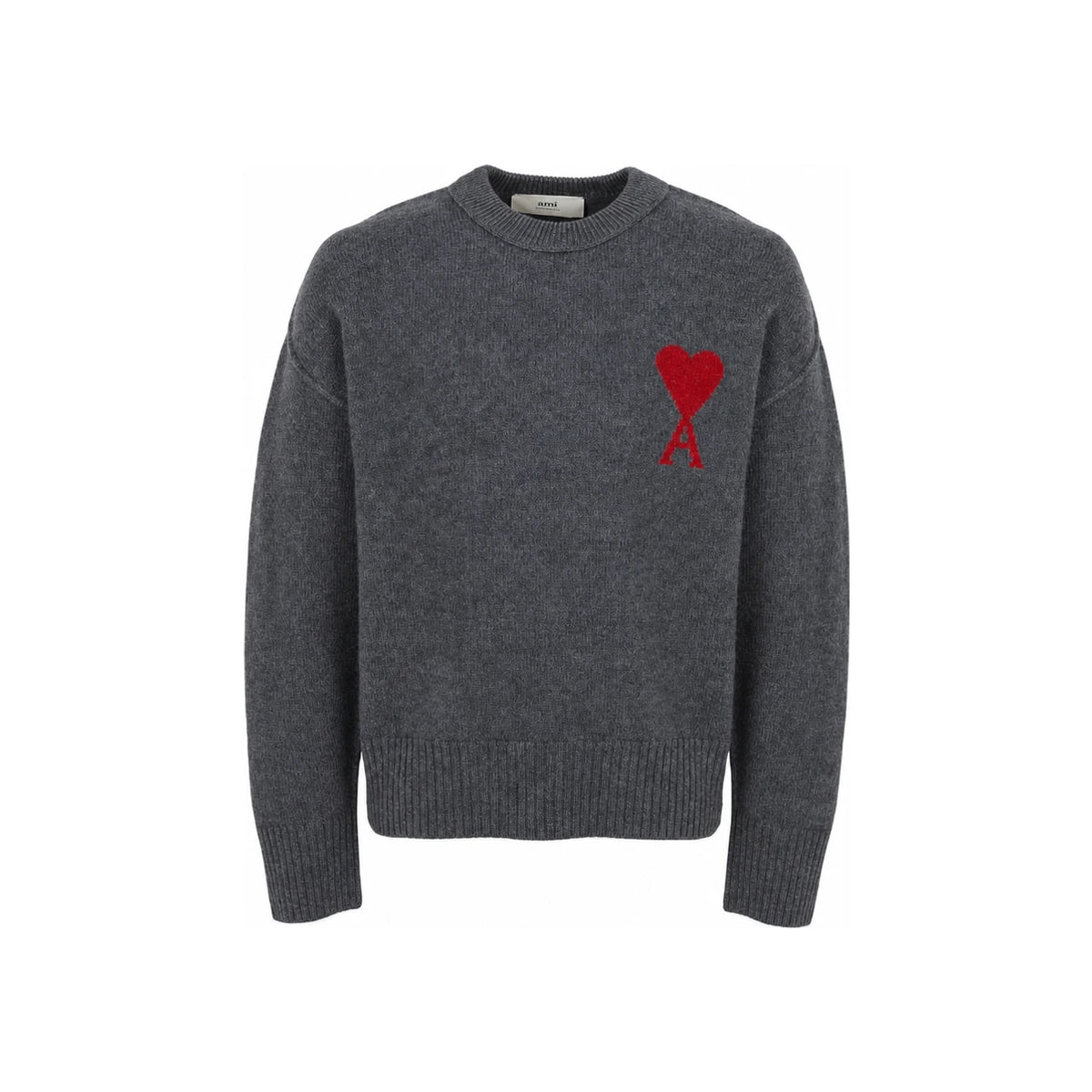 AMI Heather Gray Red Wool De Coeur Crewneck Sweater Men