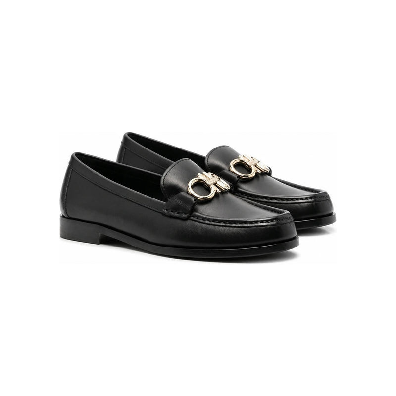 Ferragamo Black Leather ROLO Double Gancini Loafers 0728415