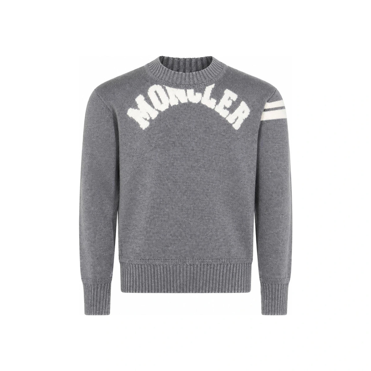 Moncler Gray Bouclé Lettering Logo Patch Crewneck Knit Sweater 9C00009 M1367 930