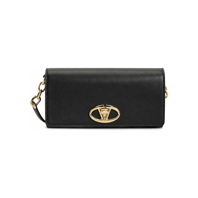 VALENTINO V Logo Wallet Crossbody Bag Black Leather
